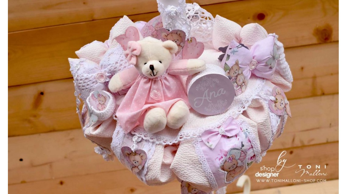 Lumanare de botez cu ursuleti roz, dantela roz si pattern floral cu trandafiri Teddy Bear Pink 11